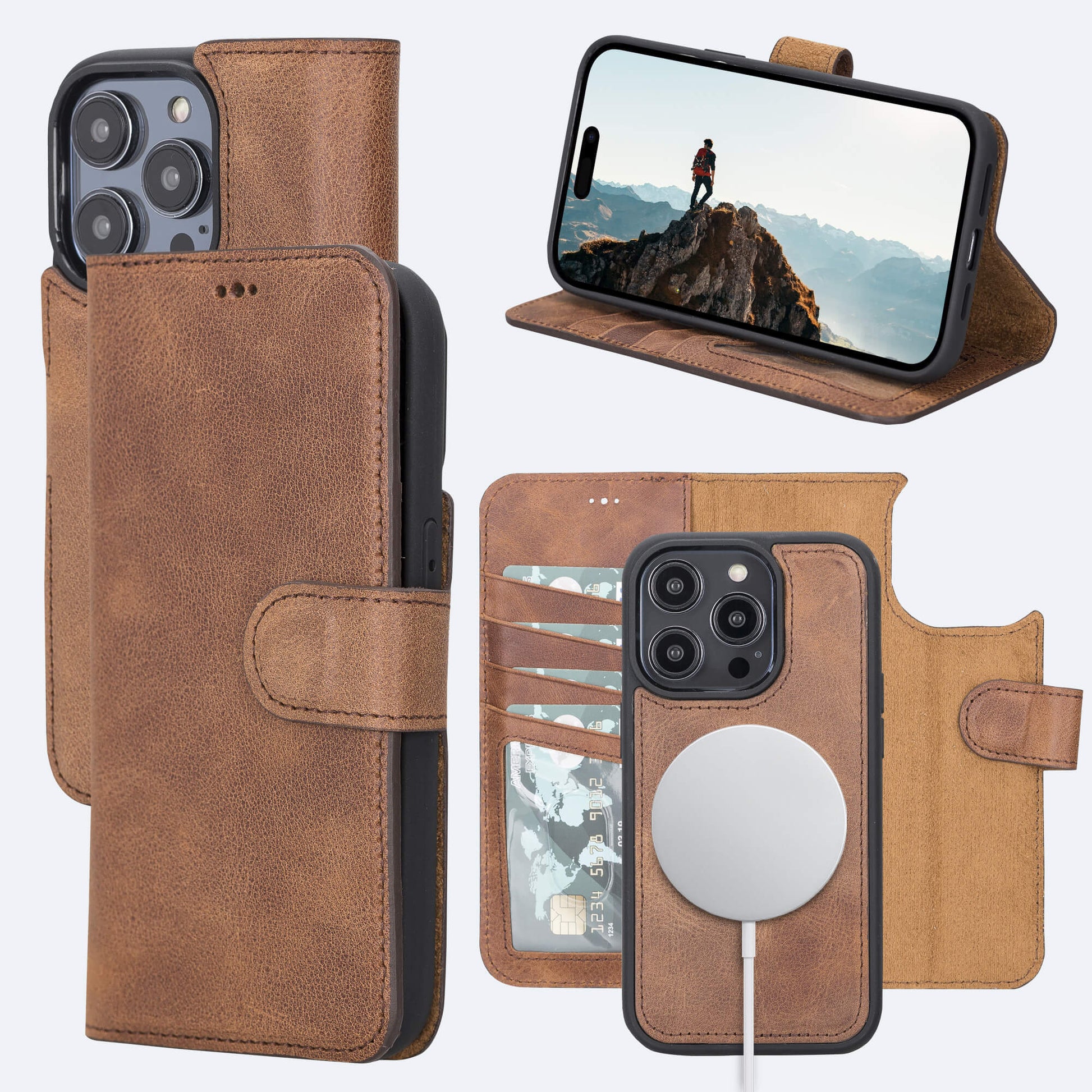 wowacase Card Slot Leather iPhone 13 Pro Max Wallet Case with Card Holder (Color: Khaki)
