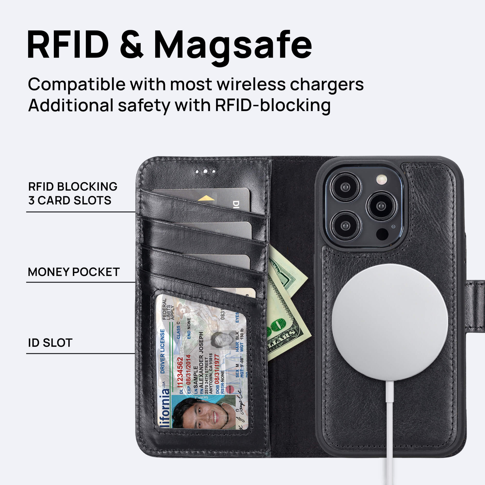 Alex Pebble Leather Wallet Case (No D-Rings) In Black/Pewter